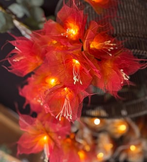 a bird cage with red flowers and a bird in the background