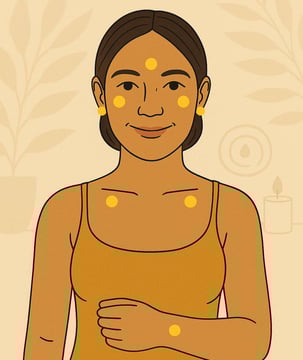 a woman with yellow dots for EFT tapping on her body