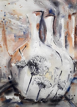 Peinture aquarelle 2 Vases Blancs sur fond abstrait