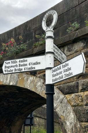 a sign post showing cities locations by a canal in Marple