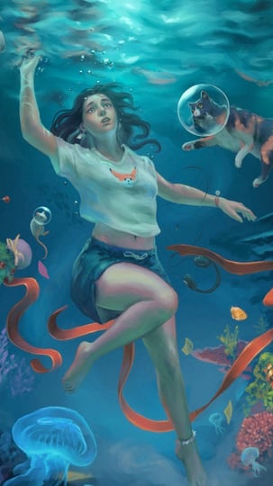 Illustration commission of a girl with her animal companions underwater trying to get out of her own darkness