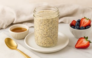 A jar of overnight oats on a white plate with honey, strawberries, and blueberries.