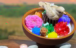 un cuenco de flores y velas sobre una mesa