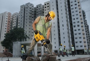 man in yellow helmet with drill machine at construction site, ONE FOR LOVE, AD FILM, Aditya Satyajit