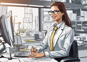 a woman in a lab coat and glasses is sitting at a desk