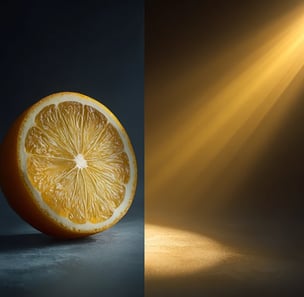 foto dividida verticalmente, uma laranja em fundo escuro, no outro lado representação daa luz solar