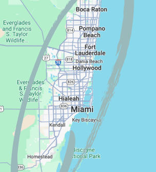 Service area map covering Miami, Fort Lauderdale, Boca Raton, and surrounding cities.