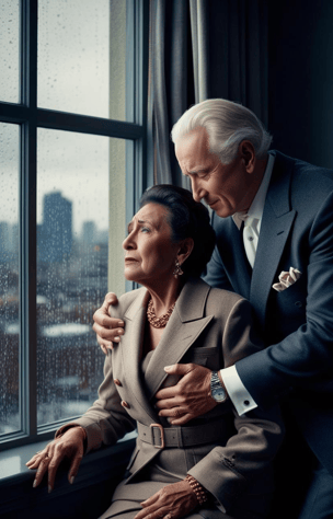 un esposo consuela a su esposa con depresión que mira por una ventana a una ciudad