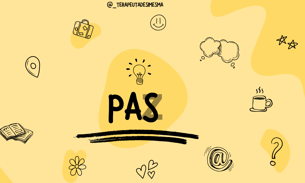 Yellow background with “PAS em PAZ” and icons of connection: chat bubble, coffee, heart, suitcase.