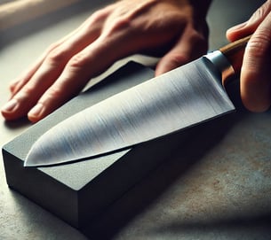 Knife blade being sharpened on a whetstone