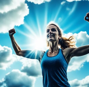 a woman in a blue tank top and a blue sky background