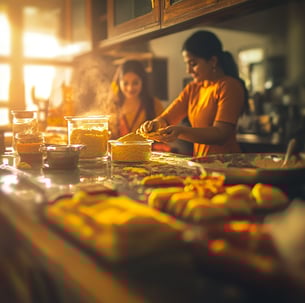 Indian woman is cooking in a kitchen with a lot of food