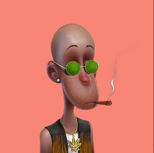 a cartoonish looking man with sunglasses and a pot leaf necklace