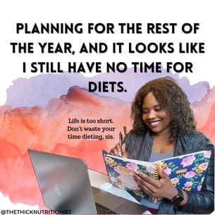 instagram post of a black plus size woman in a black jacket and a laptop computer planning diets