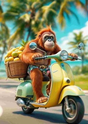 Orang utan mengendarai sepeda motor vespa. Degan kostum pantai dan dibelakang membawa keranjang berisikan kelapa muda.