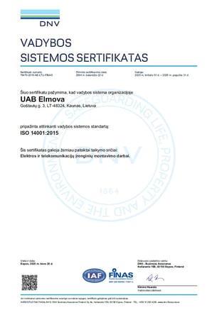 ISO 14001:2015 vadybos sistemos sertifikatas