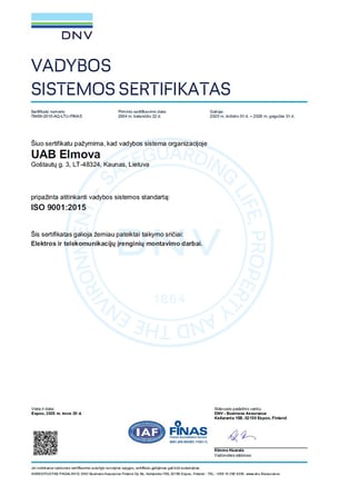 ISO 9001:2015 vadybos sistemos sertifikatas