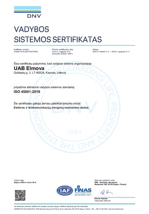 ISO 45001:2018 vadybos sistemos sertifikatas