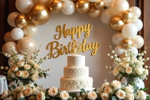 Luxury birthday cake table with white and gold decorations, neutral balloon garland, and elegant floral designs by Las Caroli