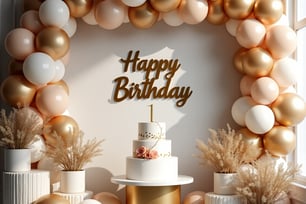 Elegant indoor birthday party setup with neutral balloon garlands, luxury floral arrangements, and gold 'Happy Birthday' back