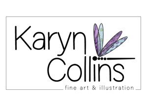 Logo for Karyn Collins Art featuring a graphic representation of a dragonfly with patterned wings