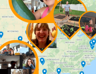 A map with photos of people and their gardens all over the United States. 