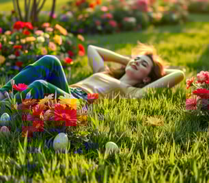 a woman laying on the grass with eggshells