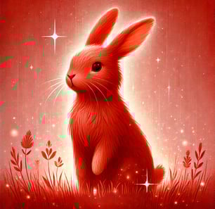 a red rabbit rabbit sitting on a grassy field