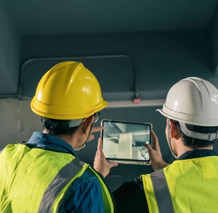 two men in safety vests and safety vests are looking at a tablet computer
