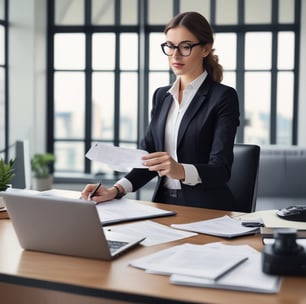 a woman in a suit and glasses is sitting at a desk