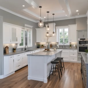a kitchen with a large island and a bar stool