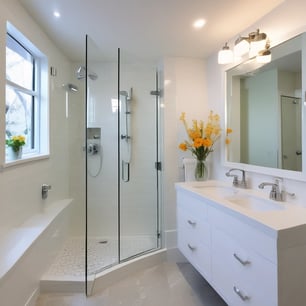 a bathroom with a shower and a large mirror