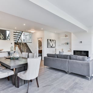 a living room with a couch and a table