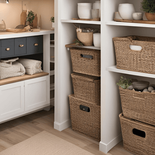 a kitchen with a lot of wicker baskets and baskets