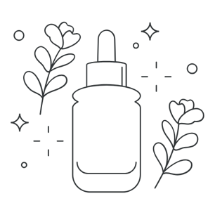 Ikona butelki z pipetką otocczonej kwiatami i gwiazdkami - symbol certyfikowanych półproduktów