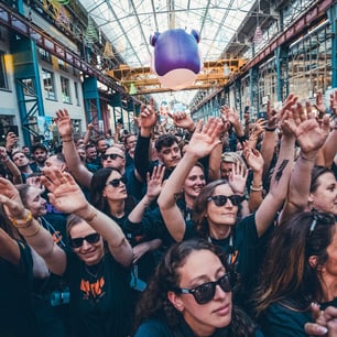 Une foule avec des lunettes de soleil les bras levés