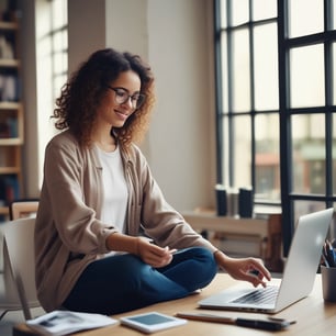 a woman sitting at a desk with a laptop and a notebook