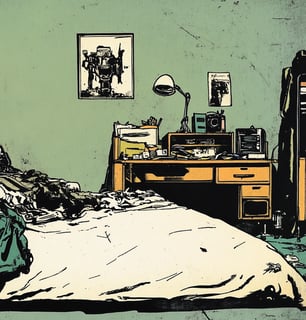 a messy bedroom scene with a bed and a bed