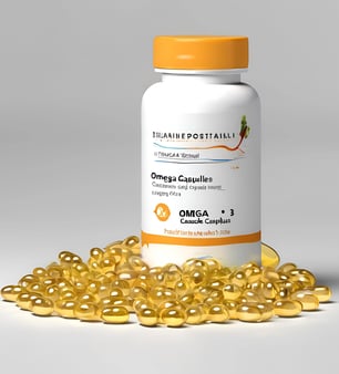 a bottle of omegaine capsules and some vitamins