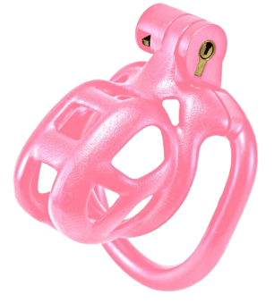 a picture of a pink male chastity cage on a clear background with gold keyhole