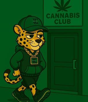 Leopardo Fresh CBD caminando frente a puerta de club cannábico