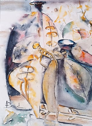 Peinture aquarelle 2 vases et un chat jouant de la trompette