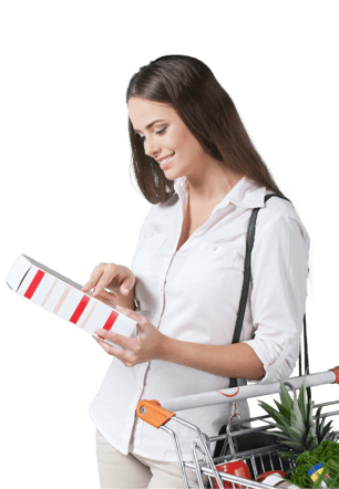 a woman in a white shirt and a shopping carton