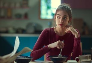 Big Basket, One For Love, ad film, Aditya Satyajit, Woman in a red shirt is sitting at a table, TVC