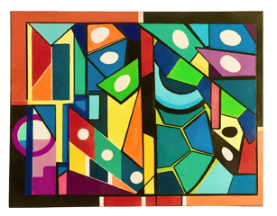 Mid-Century Colorful Abstract Painting—shapes of the 50s and colors of the 60s. Details are impeccable. Art By Frankie,