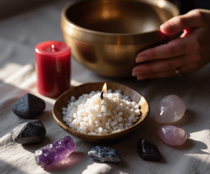 tibetan singing bowl with candles and incense 