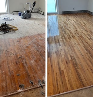 Before and after hardwood floor refinishing project completed in Syracuse, New York
