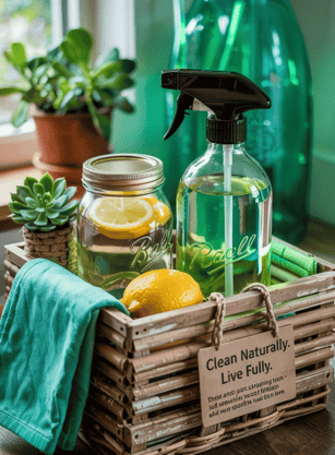 Eco-friendly cleaning products in a wooden basket with plant and glass spray bottle