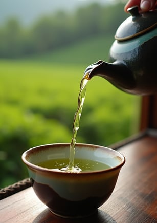 a teapot pouring tea into a cup of tea