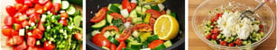 The image shows chopping vegetables, mixing with olive oil and lemon, and adding cottage cheese.
